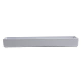A rectangular, shallow white tray with smooth edges and a minimalist design, photographed against a plain white background. Crafted from glossy melamine, this NSF rectangular bowl is both durable and stylish for modern settings.