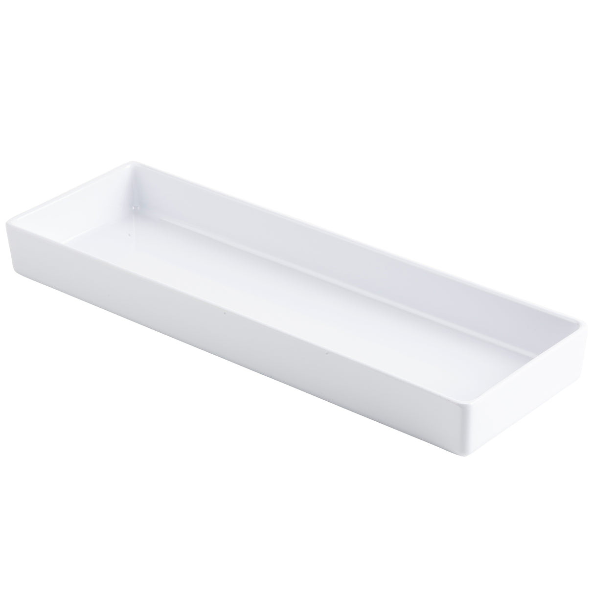 A rectangular, white, shallow tray with raised edges and a smooth, glossy finish, shown on a white background. This NSF rectangular bowl appears to be made of ceramic or melamine and is empty.