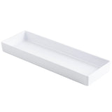 A rectangular, white, shallow tray with raised edges and a smooth, glossy finish, shown on a white background. This NSF rectangular bowl appears to be made of ceramic or melamine and is empty.