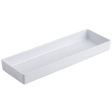 A rectangular, shallow, white ceramic tray with slightly raised edges is shown on a plain white background. The tray’s smooth, glossy surface is dishwasher safe and empty.