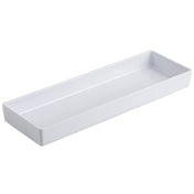 A rectangular, shallow, white ceramic tray with slightly raised edges is shown on a plain white background. The tray’s smooth, glossy surface is dishwasher safe and empty.