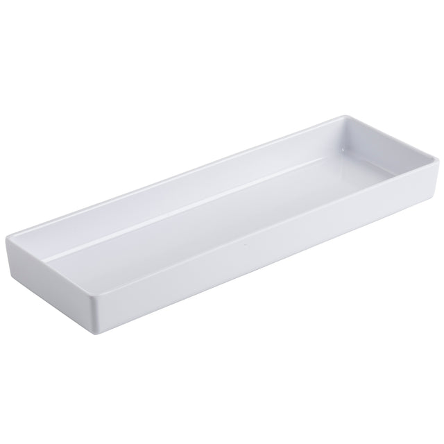A rectangular, shallow, white ceramic tray with slightly raised edges is shown on a plain white background. The tray’s smooth, glossy surface is dishwasher safe and empty.