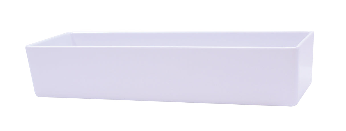 A plain, rectangular melamine bowl with smooth surfaces and slightly rounded edges, photographed on a white background. The empty container is dishwasher safe and shown from an angle displaying both the front and one side.