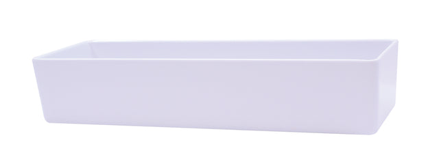 A plain, rectangular melamine bowl with smooth surfaces and slightly rounded edges, photographed on a white background. The empty container is dishwasher safe and shown from an angle displaying both the front and one side.