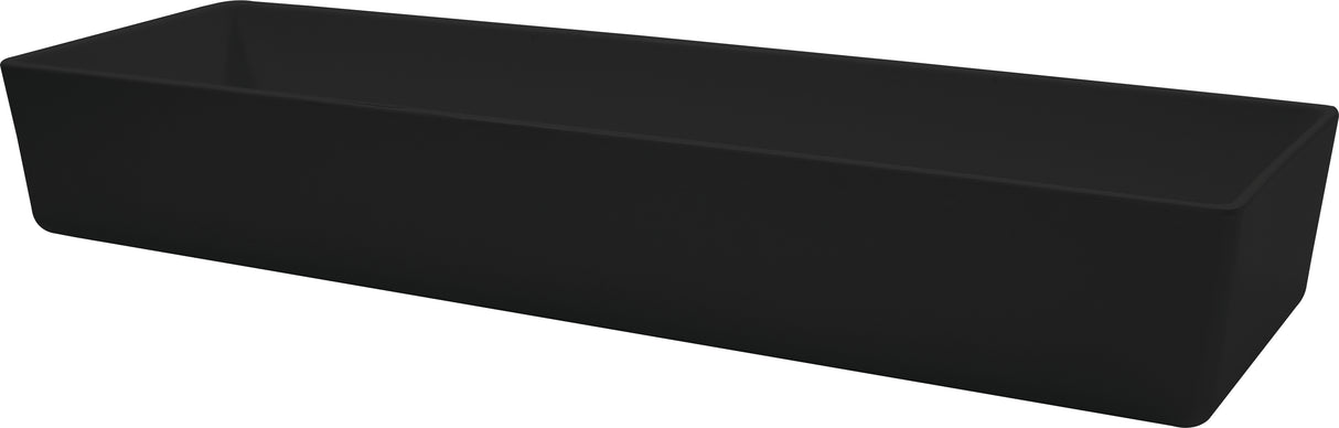 A matte black, rectangular trough-style sink with straight edges and a deep basin, dishwasher safe and NSF certified, viewed at an angle against a white background.