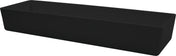 A matte black, rectangular trough-style sink with straight edges and a deep basin, dishwasher safe and NSF certified, viewed at an angle against a white background.