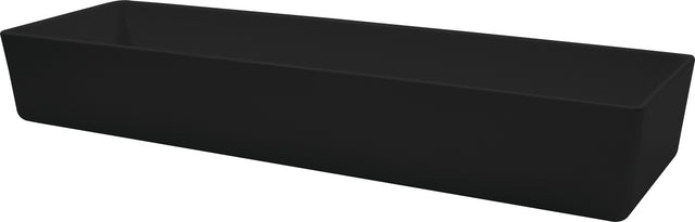 A matte black, rectangular trough-style sink with straight edges and a deep basin, dishwasher safe and NSF certified, viewed at an angle against a white background.
