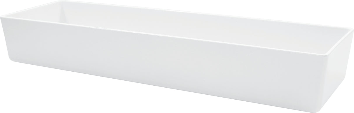 A plain, rectangular white ceramic container with straight sides and a glossy finish, photographed on a white background. This versatile 5 qt rectangular bowl has an open top that reveals its empty interior.