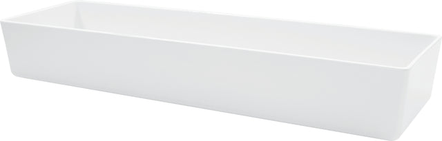 A plain, rectangular white ceramic container with straight sides and a glossy finish, photographed on a white background. This versatile 5 qt rectangular bowl has an open top that reveals its empty interior.