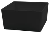 A matte black, square-shaped melamine bowl with smooth, straight sides and slightly rounded corners, shown on a white background. This NSF certified bowl is dishwasher safe and features a simple, modern design.