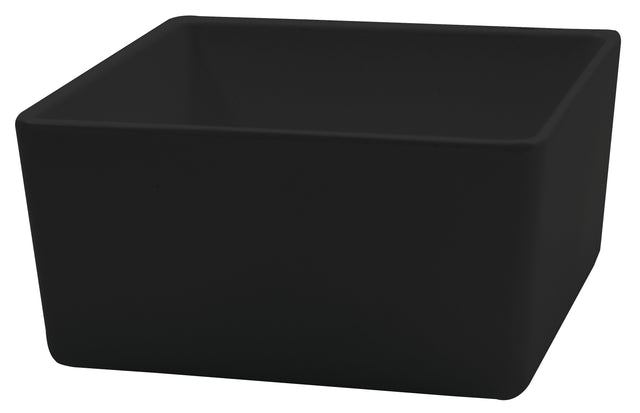 A matte black, square-shaped melamine bowl with smooth, straight sides and slightly rounded corners, shown on a white background. This NSF certified bowl is dishwasher safe and features a simple, modern design.