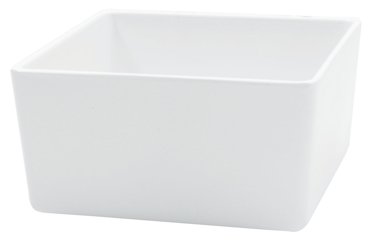A plain, white, square ceramic bowl with smooth edges and a matte finish, shown empty against a white background. Dishwasher safe, this modern bowl features slightly rounded corners for a simple yet stylish design.