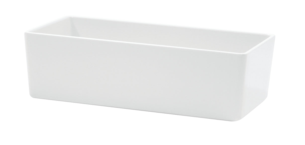 A plain, rectangular white ceramic bowl with smooth sides and rounded corners, open at the top and empty inside, shown against a white background. This rectangular bowl is both versatile and stylish for any kitchen setting.