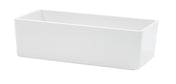 A plain, rectangular white ceramic bowl with smooth sides and rounded corners, open at the top and empty inside, shown against a white background. This rectangular bowl is both versatile and stylish for any kitchen setting.