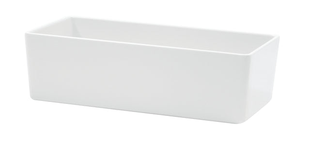A plain, rectangular white ceramic bowl with smooth sides and rounded corners, open at the top and empty inside, shown against a white background. This rectangular bowl is both versatile and stylish for any kitchen setting.
