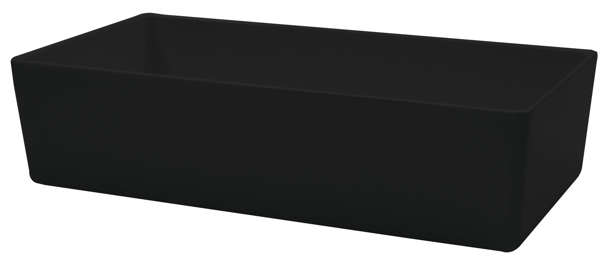 A matte black rectangular farmhouse kitchen sink with smooth, straight edges and a deep basin, shown against a white background. The minimalist, modern design with slightly rounded corners pairs effortlessly with NSF-certified and dishwasher safe accessories.