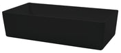 A matte black rectangular farmhouse kitchen sink with smooth, straight edges and a deep basin, shown against a white background. The minimalist, modern design with slightly rounded corners pairs effortlessly with NSF-certified and dishwasher safe accessories.