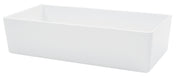 A rectangular, deep white ceramic dish with smooth edges and clean lines, photographed on a white background. This NSF bowl appears empty and is angled so that both the inside and outside walls are visible.