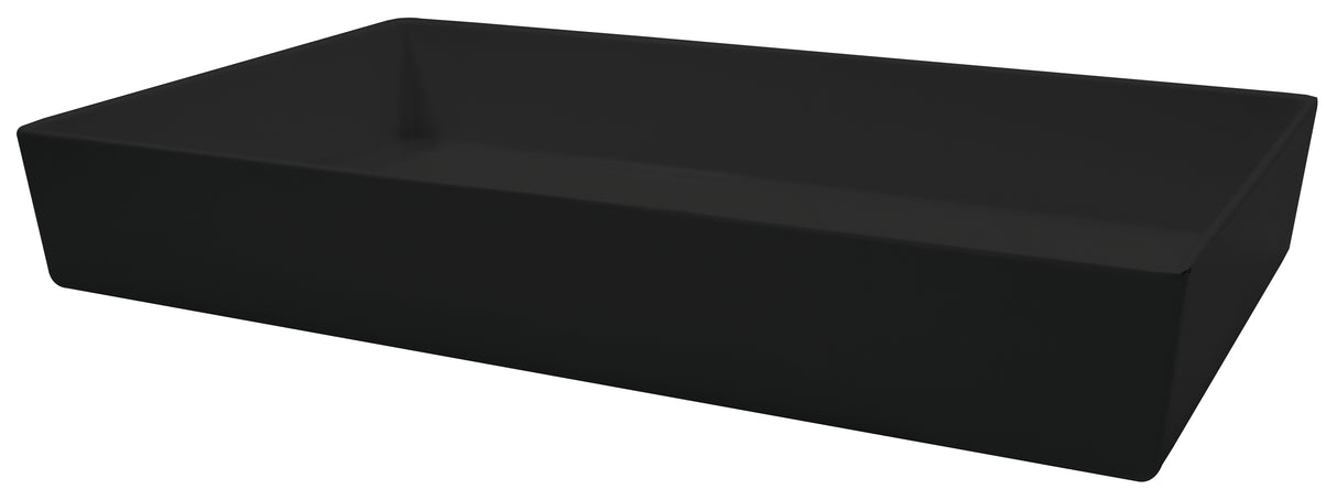 A rectangular, matte black melamine bowl with straight sides and a flat bottom, shown on a white background. This modern, minimalist rectangular serving bowl is dishwasher safe and features no visible fixtures or drains.