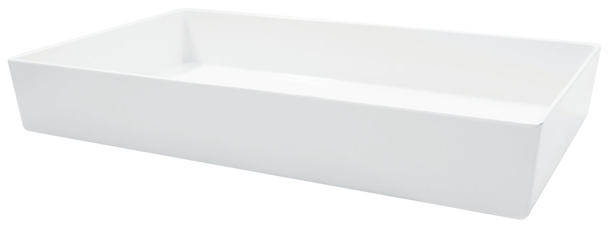 A rectangular, white, ceramic sink with smooth surfaces and sharp, clean edges features a deep rectangular bowl with straight sides and no visible hardware or fixtures, placed against a plain white background.