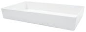 A rectangular, white, ceramic sink with smooth surfaces and sharp, clean edges features a deep rectangular bowl with straight sides and no visible hardware or fixtures, placed against a plain white background.