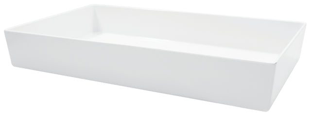 A rectangular, white, ceramic sink with smooth surfaces and sharp, clean edges features a deep rectangular bowl with straight sides and no visible hardware or fixtures, placed against a plain white background.