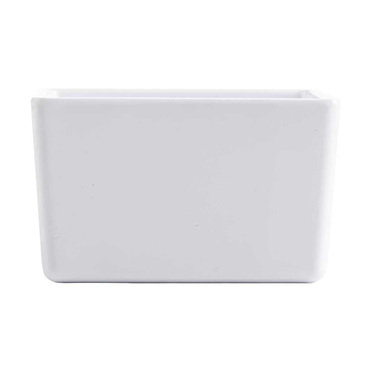 A simple, rectangular white ceramic planter with smooth edges and a glossy finish, shown on a plain white background. Its clean, minimalist lines evoke the elegance of an NSF bowl while offering versatile style for any space.