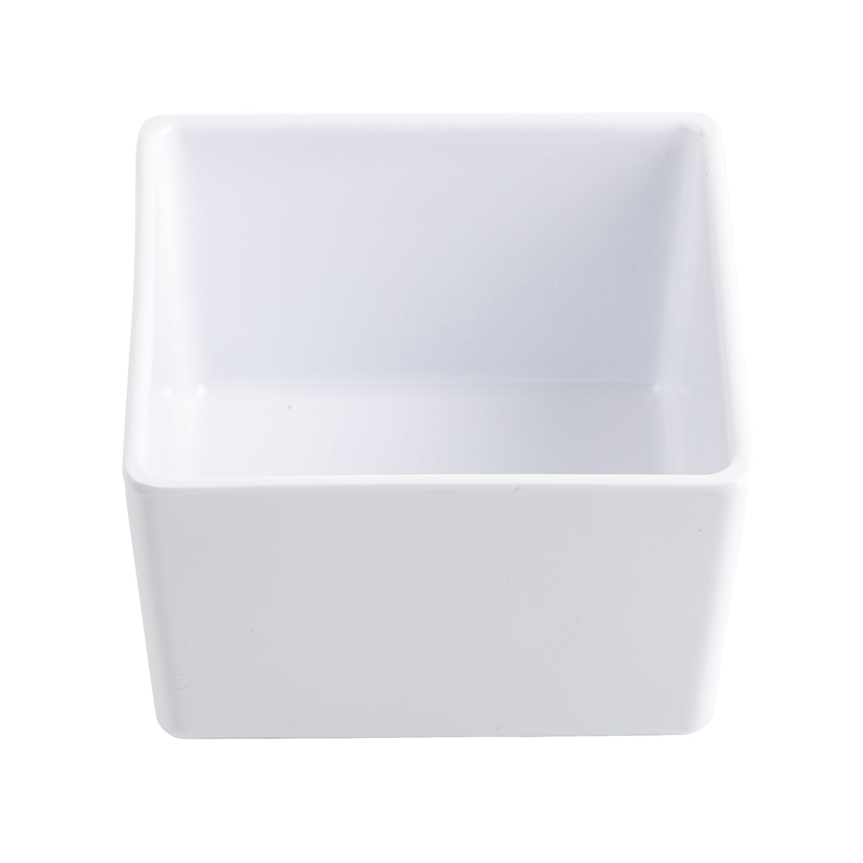 A plain, empty, white square ceramic dish with smooth sides and a glossy finish, shown from a slightly elevated angle on a white background—perfect as a dishwasher safe bowl for effortless cleanup.