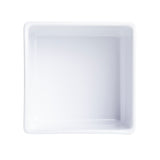 A plain, empty, white, square ceramic dish photographed from above against a white background. This dishwasher safe bowl has smooth, slightly rounded edges and a glossy finish, with no visible patterns or decorations.
