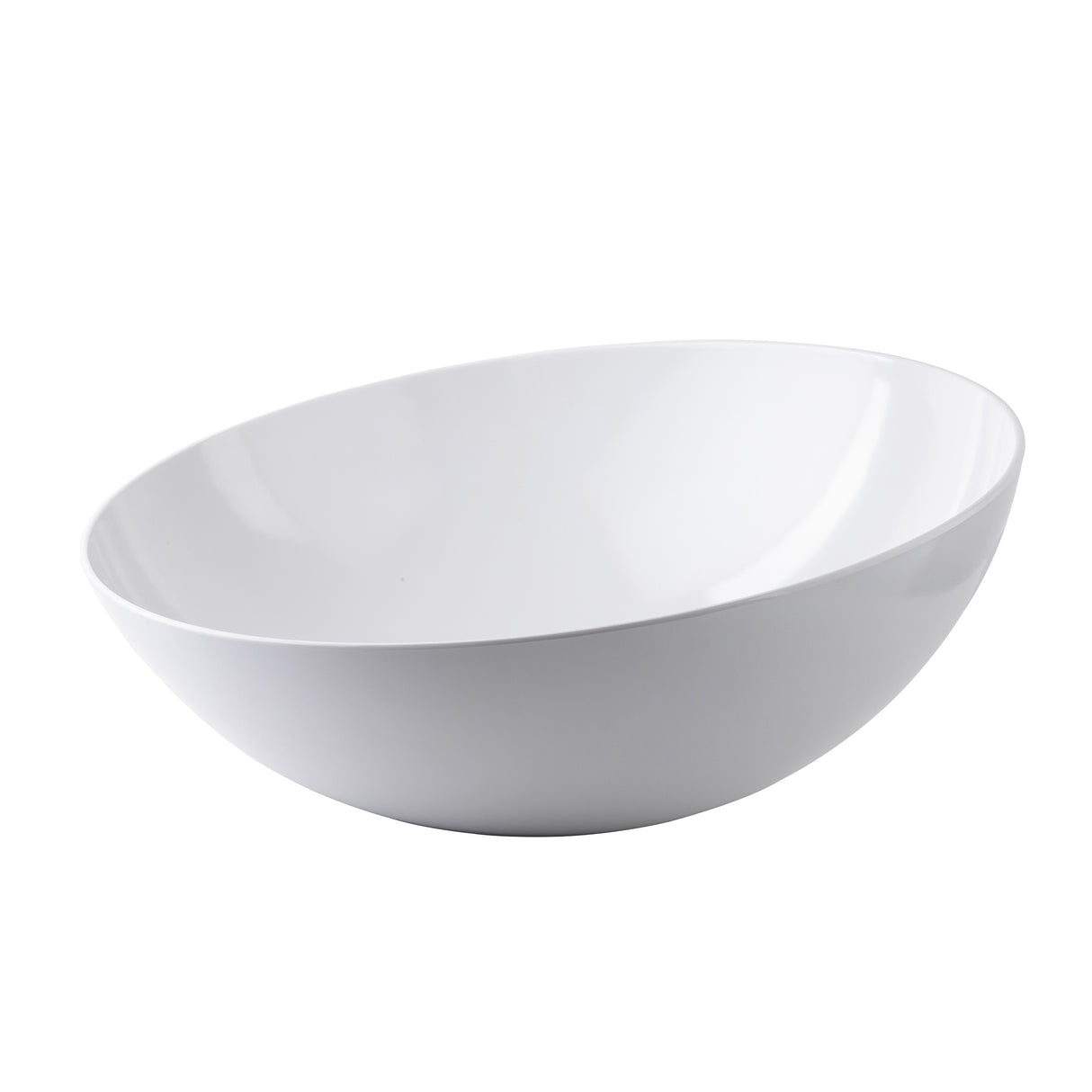A plain, glossy white melamine bowl from the Sierra Melamine Collection sits on a white background. With smooth, rounded sides and a wide opening, this dishwasher safe bowl is empty and slightly angled to showcase its gentle curve.