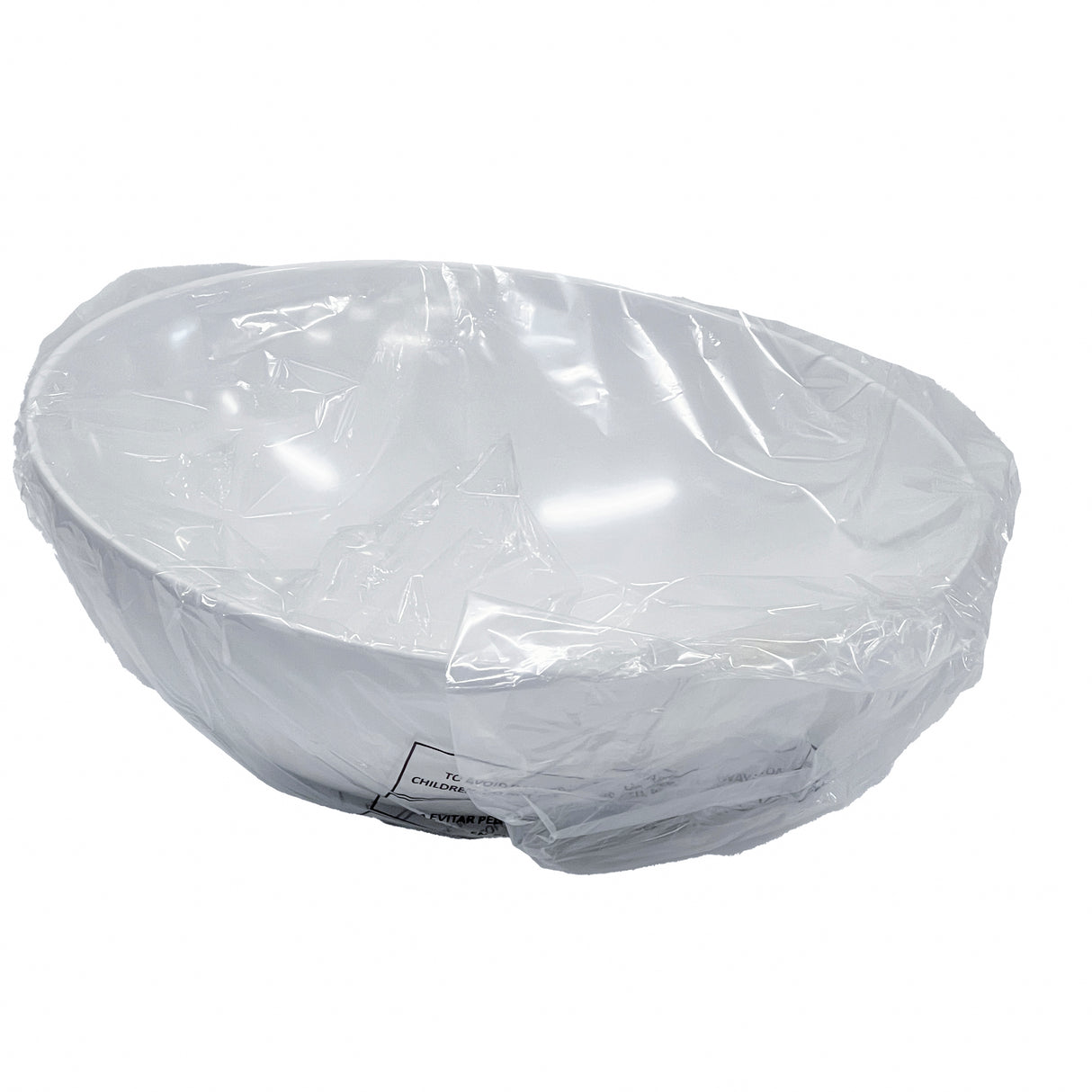 A large Sierra Melamine Bowl is covered tightly with clear plastic wrap. The white melamine bowl sits on a plain white background, its rectangular label visible. The crinkled wrap reflects light across the dishwasher safe bowl.