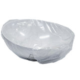 A large Sierra Melamine Bowl is covered tightly with clear plastic wrap. The white melamine bowl sits on a plain white background, its rectangular label visible. The crinkled wrap reflects light across the dishwasher safe bowl.