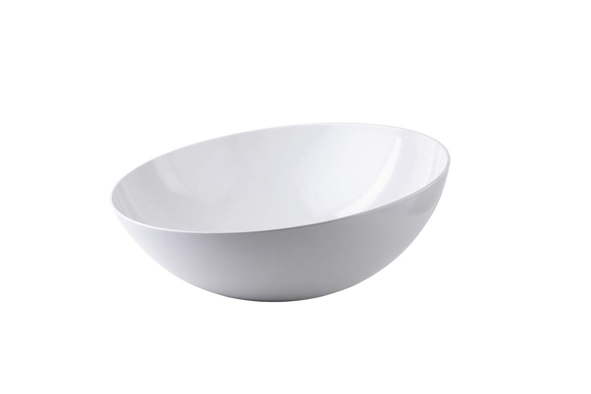 A simple, empty white ceramic bowl is shown against a plain white background. The dishwasher safe bowl features a smooth surface, wide opening, and gently curved sides, giving it a minimalist and modern appearance.