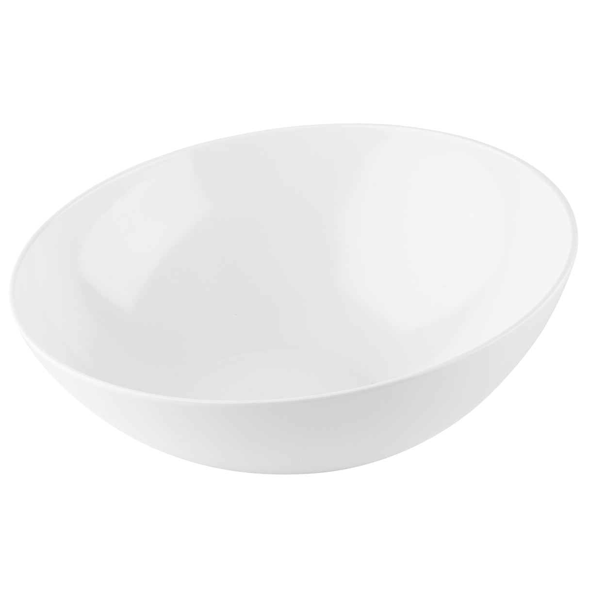 A plain, empty, white melamine bowl with smooth, rounded edges, viewed from a slight angle against a white background. Part of the Sierra Melamine Collection, this bowl features a simple, minimalist design and is dishwasher safe.