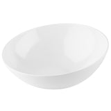 A plain, empty, white melamine bowl with smooth, rounded edges, viewed from a slight angle against a white background. Part of the Sierra Melamine Collection, this bowl features a simple, minimalist design and is dishwasher safe.