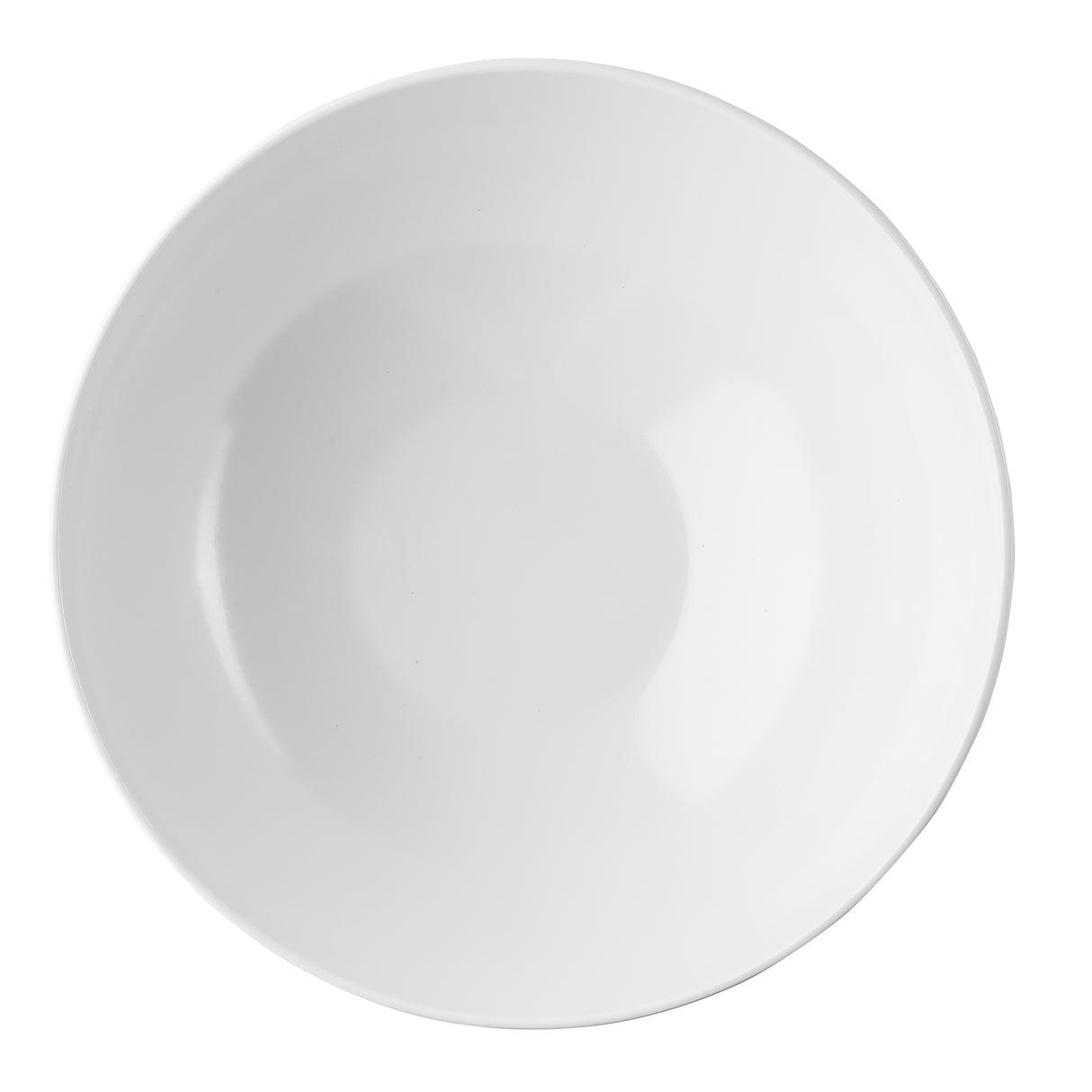 A plain, round, white melamine bowl from the Sierra Melamine Collection viewed from above against a white background. The bowl is empty, features smooth, clean lines with a subtle gloss, and is dishwasher safe for easy cleaning.