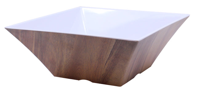 A square melamine bowl with angled sides, featuring a smooth white interior and an acacia wood finish exterior. This modern piece from the Frostone Collection Bowl series sits on a flat surface, photographed against a white background.