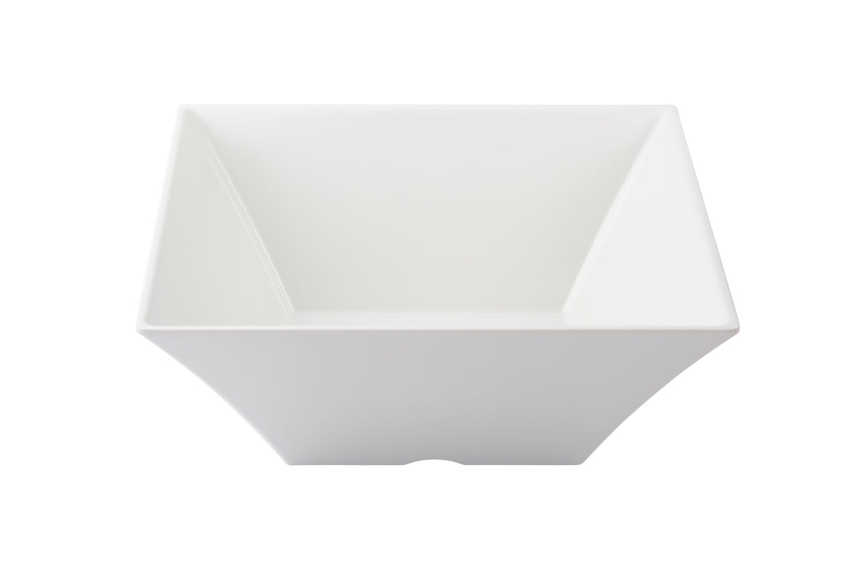 A white, square-shaped Frostone Collection Bowl with straight, angular sides is viewed from above on a plain background. This modern melamine bowl features a wide opening, deep interior, and is dishwasher safe for easy cleaning.