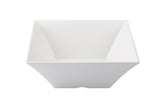 A white, square-shaped Frostone Collection Bowl with straight, angular sides is viewed from above on a plain background. This modern melamine bowl features a wide opening, deep interior, and is dishwasher safe for easy cleaning.