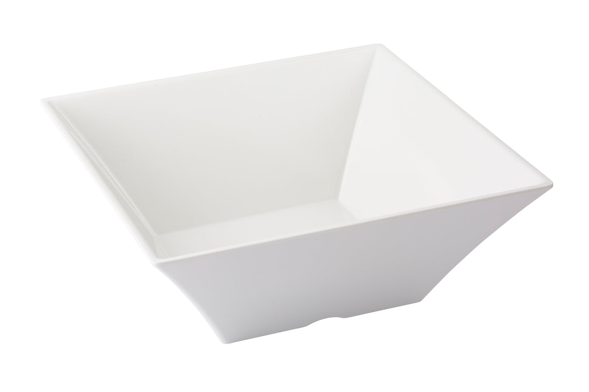 A white, square-shaped Frostone Collection Bowl with slightly flared sides and sharp corners is shown on a plain white background. This modern melamine bowl features a geometric design and is dishwasher safe for easy cleaning.