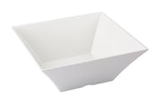 A white, square-shaped Frostone Collection Bowl with slightly flared sides and sharp corners is shown on a plain white background. This modern melamine bowl features a geometric design and is dishwasher safe for easy cleaning.