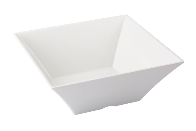 A white, square-shaped Frostone Collection Bowl with slightly flared sides and sharp corners is shown on a plain white background. This modern melamine bowl features a geometric design and is dishwasher safe for easy cleaning.