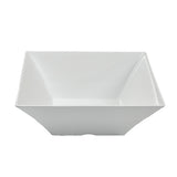 A white, square-shaped Frostone Collection Bowl with slightly flared sides. This modern, minimalist melamine bowl features sharp, angular corners and is photographed against a plain white background.