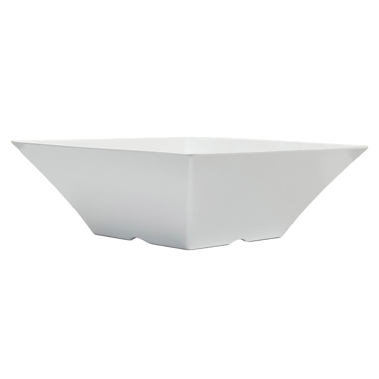 A white Frostone Collection Bowl, square-shaped with outward-slanting sides and a flat base, is shown on a plain background. This melamine bowl features clean, modern lines and a minimalist design, and is dishwasher safe for easy care.