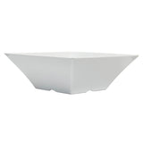 A white Frostone Collection Bowl, square-shaped with outward-slanting sides and a flat base, is shown on a plain background. This melamine bowl features clean, modern lines and a minimalist design, and is dishwasher safe for easy care.