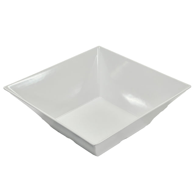 A plain, white, square-shaped Frostone Collection Bowl with slightly flared sides and a smooth, glossy finish. Dishwasher safe, the melamine bowl is empty and photographed against a white background to highlight its clean, modern design.