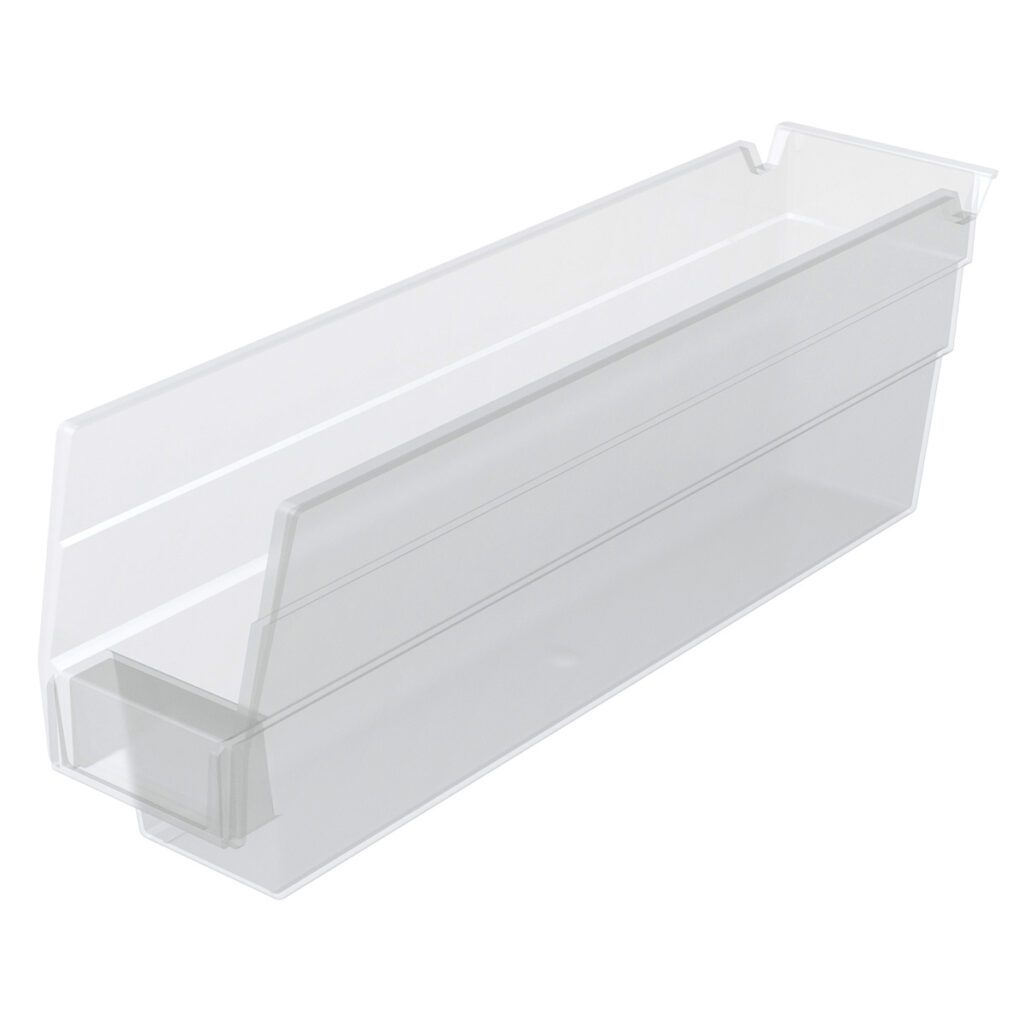 A clear Shelf Bin with tall sides and an open top, perfect for organizing items. The front edge is lower for easy access, and the back corners have small built-in hooks for hanging or nesting. This versatile bin is empty and ready to use.