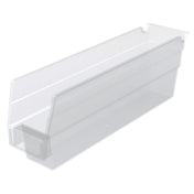 A clear Shelf Bin with tall sides and an open top, perfect for organizing items. The front edge is lower for easy access, and the back corners have small built-in hooks for hanging or nesting. This versatile bin is empty and ready to use.
