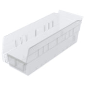 A clear Shelf Bin with straight sides, a slanted open front, and molded grooves for stacking or nesting. Perfect for organizing small items on shelves or in drawers, this empty bin keeps your space tidy and accessible.