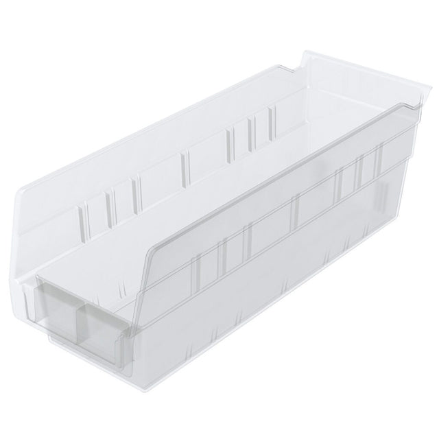 A clear Shelf Bin with straight sides, a slanted open front, and molded grooves for stacking or nesting. Perfect for organizing small items on shelves or in drawers, this empty bin keeps your space tidy and accessible.